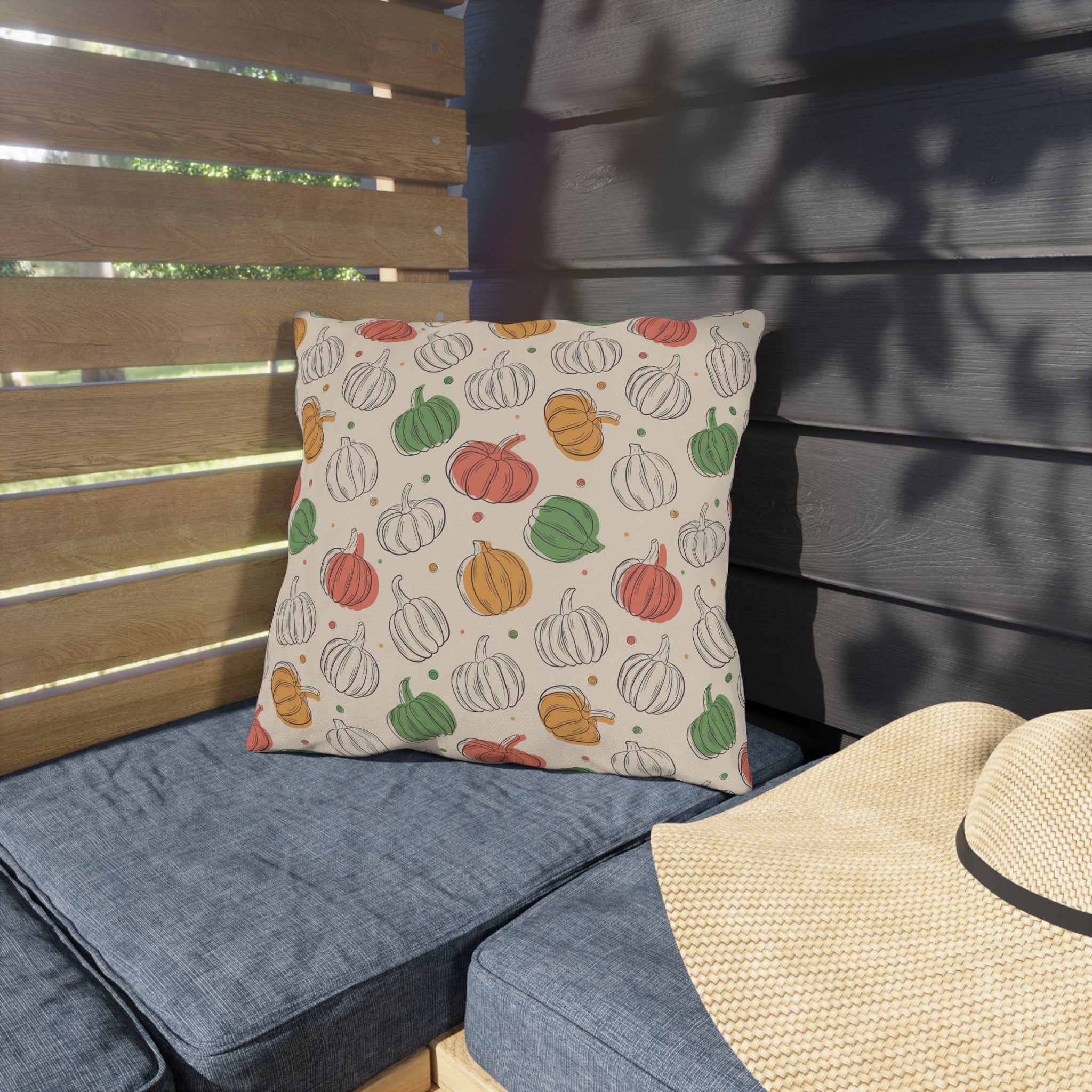 Autumn Pumpkin Pattern Outdoor Pillow — Fall Patio Decor, Whimsical Green Orange White Gourd Throw Cushion