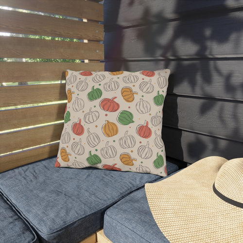 Autumn Pumpkin Pattern Outdoor Pillow — Fall Patio Decor, Whimsical Green Orange White Gourd Throw Cushion