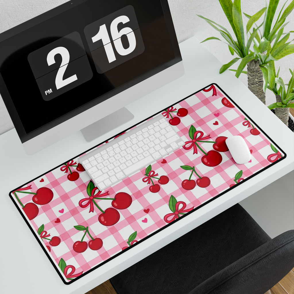 Cherry Gingham Desk Mat — Pink Retro Cherry Mouse Pad
