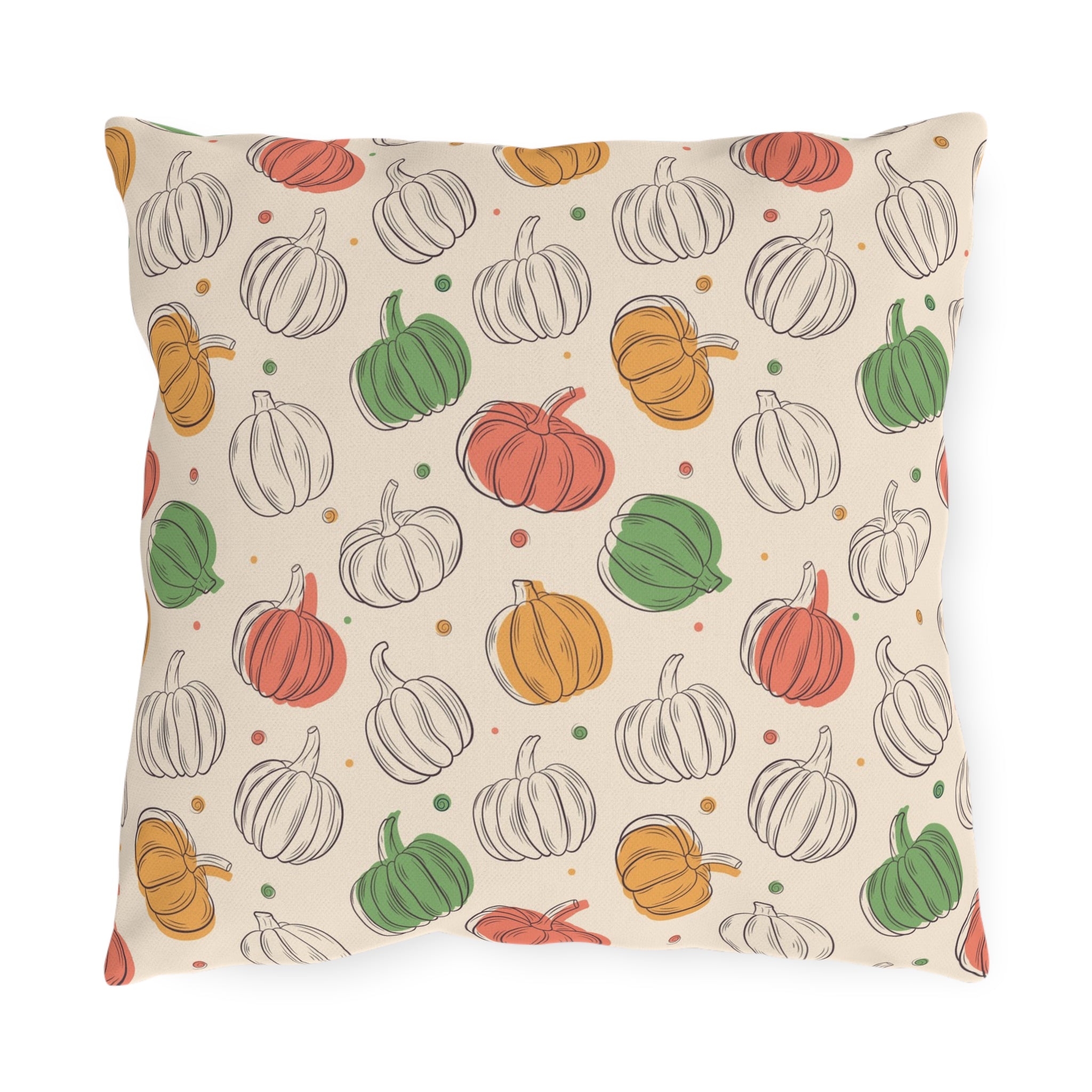 Autumn Pumpkin Pattern Outdoor Pillow — Fall Patio Decor, Whimsical Green Orange White Gourd Throw Cushion