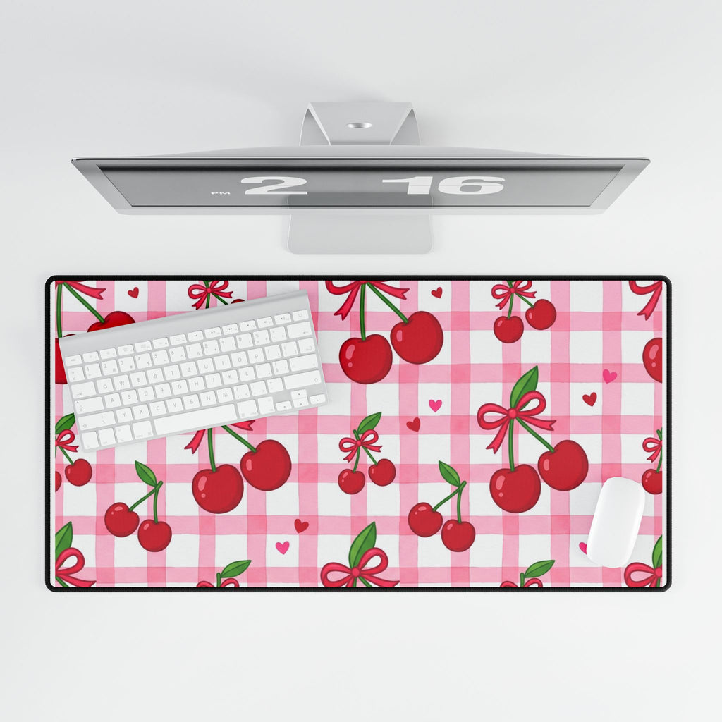Cherry Gingham Desk Mat — Pink Retro Cherry Mouse Pad